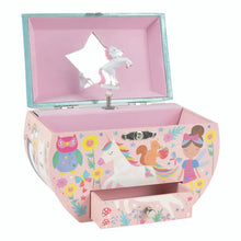 Load image into Gallery viewer, Floss and Rocks Musical Jewelry Box: Rainbow Fairy features a spinning unicorn, star mirror, and colorful illustrations.