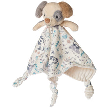 Load image into Gallery viewer, Mary Meyers Sparky Puppy Character Blanket: plush dog head, tactile blanket with soft knots, featuring blue & grey animal/plant designs.