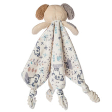 Load image into Gallery viewer, Mary Meyers Sparky Puppy Character Blanket has floppy ears, knotted corners, and a playful dogs, bees, and leaves pattern.