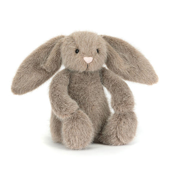 Jellycat Flufflet Bunny Fawn sits upright, floppy-eared with black eyes and a pink nose, ready for Flufflet Street Theater.