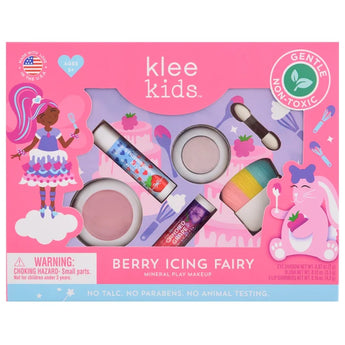 Klee Kids 4-PC Makeup Kit, Berry Icing Fairy: eye shadow, blush, lip shimmers, & brushes in a pink box with character designs.
