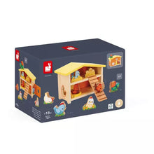 Load image into Gallery viewer, My First Henhouse: dark gray box with photo of yellow & tan wood henhouse toy and wood chicken figurines.