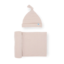 Load image into Gallery viewer, The Soft Knit Swaddle and Hat Set in Soft Blush by Little Unicorn makes the perfect newborn gift.