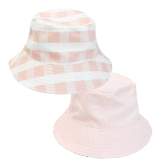 Reversible Bucket Hat, Pink Gingham: reversible bucket hat with one side pink & white gingham and one side solid light pink.
