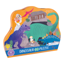 Load image into Gallery viewer, The 80 Piece Dinosaur Puzzle by Floss and Rock features colorful dinos, plants, rocks on a vibrant orange box labeled Dino Den.