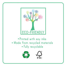 Load image into Gallery viewer, Eco-friendly Floss and Rock badge: Multicolored tree + subtle Dino puzzle piece. Soy ink printed, recyclable, with Recycle & FSC logos.