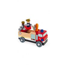 Load image into Gallery viewer, Janod Juratoys Fire Truck: A vibrant wooden toy engine with figures, wheels, ladder, wrench, and screwdriver.