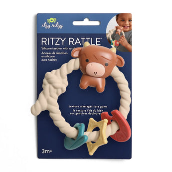 Itzy Ritzy Itzy Rattle, Highland Cow—perfect silicone teether and rattle for babies 3 months+ with fun shapes and textures.
