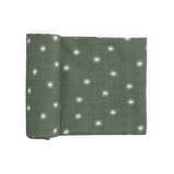 Little Unicorn Organic Cotton Muslin Swaddle - Sage Suns: Soft, breathable fabric with green grid and suns, ideal for swaddling.