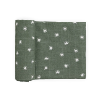 Little Unicorn Organic Cotton Muslin Swaddle - Sage Suns: Soft, breathable fabric with green grid and suns, ideal for swaddling.