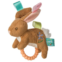 Load image into Gallery viewer, Mary Meyers Harmony Bunny Rattle: A baby-safe plush teether with colorful tags, an orange silicone ring, and an embroidered flower.