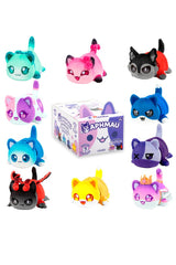 Mystery 6 Inch Aphmau and Friends Plush: pink, purple, & white box with cat ears & Aphamau logo surrounded by colorful cat plush.