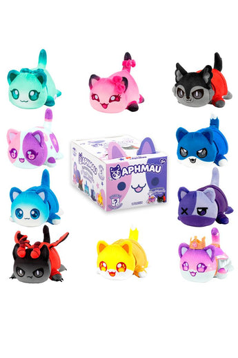 Mystery 6 Inch Aphmau and Friends Plush: pink, purple, & white box with cat ears & Aphamau logo surrounded by colorful cat plush.