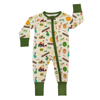 Sleeper, All Abroad Dino Train: beige long sleeve pajamas with dinosaur & train pattern, green cuffs, & front zipper; made of bamboo viscose.