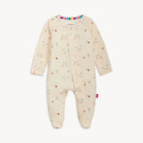 Magnetic Me Footie Special Delivery: cream modal sleeper with long sleeves, bear/tree prints & magnetic closures, laid flat on white.