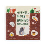 Jellycat, Muswell Mole and the Buried Treasure: a children's book with animal, plant, and underground object illustrations.