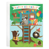 Birthday Card, Treehouse Party: card with birthday woodland critters in a treehouse with text "Happy Birthday" and white envelope.