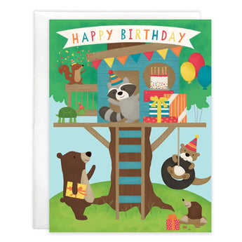Birthday Card, Treehouse Party: card with birthday woodland critters in a treehouse with text "Happy Birthday" and white envelope.