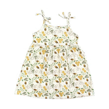 Load image into Gallery viewer, The Emerson and Friends Sundress features tied shoulder straps with the Happy Honey Bees pattern on soft bamboo fabric.