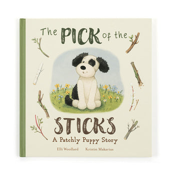 Jellycat's The Pick of the Sticks Book features Patchly Puppy on the cover, surrounded by sticks.