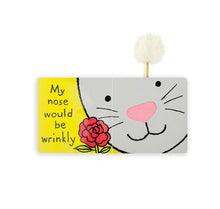 Load image into Gallery viewer, Illustration of smiling white bunny, like a Jellycat plush, with pink nose, holding red rose and fluffy tail. Text: My nose would be wrinkly.