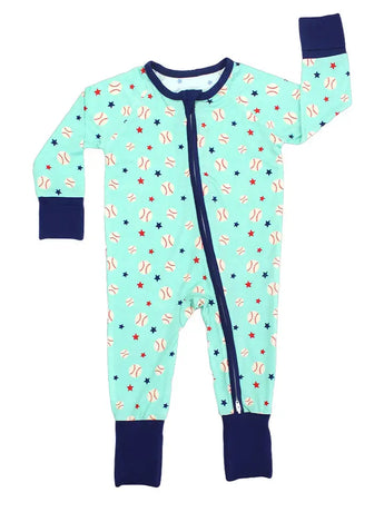 Emerson and Friends Mint Green Sleeper, Baseball Buddies: buttery soft bamboo with navy cuffs & 2-way zipper. Features baseball & star pattern.