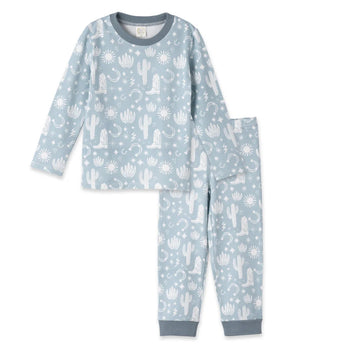 Tesa Babes PJs, Wild West Blue features a white cactus pattern set against a blue backdrop with ultra-soft bamboo blend fabric.