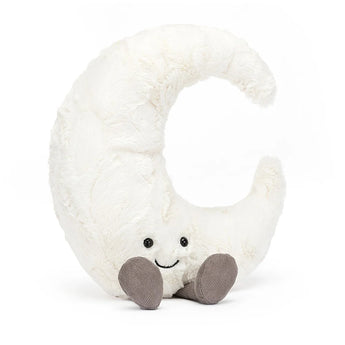Jellycat Amuseable Moon Large: a plush crescent moon with gray corduroy feet, perfect for cuddles.