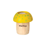 PlanToys Mushroom Kaleidoscope: a sustainable wooden toy with a yellow cap and green dots, fostering creative thinking.