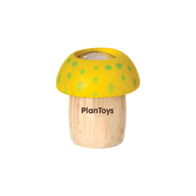 Load image into Gallery viewer, PlanToys Mushroom Kaleidoscope: a sustainable wooden toy with a yellow cap and green dots, fostering creative thinking.