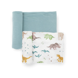 Little Unicorn Stretch Knit Swaddle Blanket 2 Pack - Dino Pals: blue swaddle and white with dino prints.