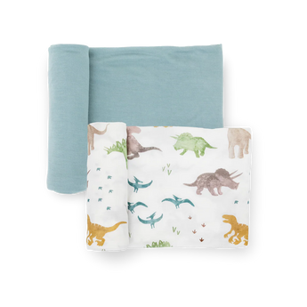 Little Unicorn Stretch Knit Swaddle Blanket 2 Pack - Dino Pals: blue swaddle and white with dino prints.