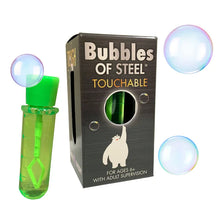 Load image into Gallery viewer, The Bubbles of Steel set by Copernicus Toys includes a green wand, black box with polar bear, and unbreakable bubbles.