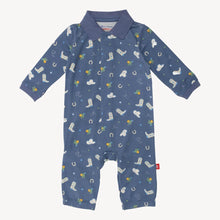 Load image into Gallery viewer, Rodeo Blue baby romper by Magnetic Me has western prints, a collar, long sleeves, and is made from soft TENCEL™ modal.