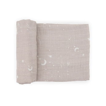 Little Unicorn Organic Cotton Muslin Swaddle- Moon Dust: light brown with white moons, stars & clouds, partially rolled.