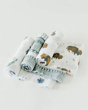 Load image into Gallery viewer, The Little Unicorn Cotton Swaddle Set, Bison, includes 4 breathable muslin blankets with bison, cactus, and geometric designs.