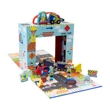 Load image into Gallery viewer, Floss and Rocks Play Box with Wooden Pieces: a construction-themed set featuring vehicles, workers, and road signs on a foldable mat.