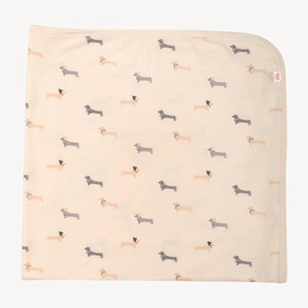 The Magnetic Me Beenie Von Weinie Blanket features dachshund prints in brown/gray—ideal for car seats or cribs.