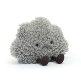 Jellycat Amuseable Storm Cloud: a plush gray cloud with a sad face, small dark feet, and super-soft fleece.