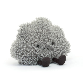 Jellycat Amuseable Storm Cloud: a plush gray cloud with a sad face, small dark feet, and super-soft fleece.