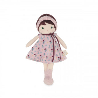 Janod Juratoys Tendresse, Leonie Doll Large with a brown bob, headband, and pink floral dress with matching boots—the perfect cuddle toy.
