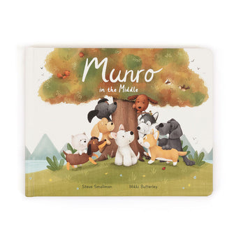 Jellycat Munro in the Middle Book: Children's book cover with animals playing under a tree. Brand: Jellycat.