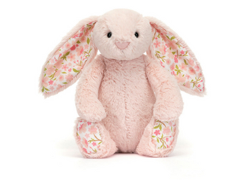 Jellycat Blossom Bunny Cherry Small—a pink plush bunny with floral ears and feet—sits facing forward on a white background.