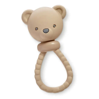 Itzy Ritzy’s Rattle, Bear Sweetie: beige bear head with textured handle, also a silicone teether for soothing baby gums.