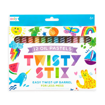 Twisty Stix: Oil Pastels: blue & white box with colorful drawings; text "ooly 12 Oil Pastels Twisty Stix: Easy Twist-Up Barrel for Less-Mess."