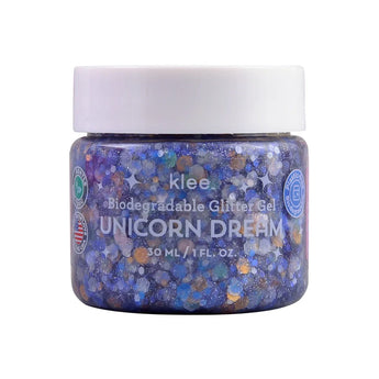 Klee Naturals Biodegradable Glitter Gel, 30 ml, features ocean-safe blue and silver glitter for a magical shine.
