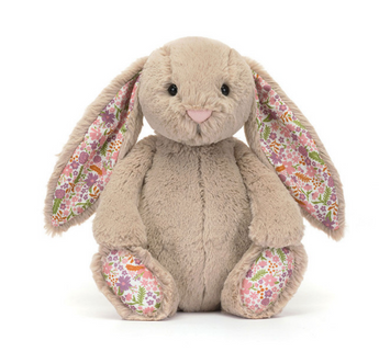 Jellycat, Blossom Bunny Petal: a plush bunny with floppy ears and floral details, sitting upright on a white background.