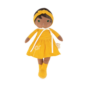 Janod Juratoys Tendresse, Naomie Doll Large, a soft doll with dark skin wearing a yellow daisy dress, matching headband, and boots.