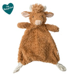 Mary Meyer Again Friends Highland Cow Lovey: soft brown plush made from recycled plastics, features “I’m Recycled” tag.