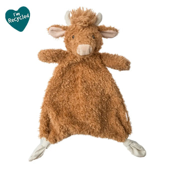 Mary Meyer Again Friends Highland Cow Lovey: soft brown plush made from recycled plastics, features “I’m Recycled” tag.
